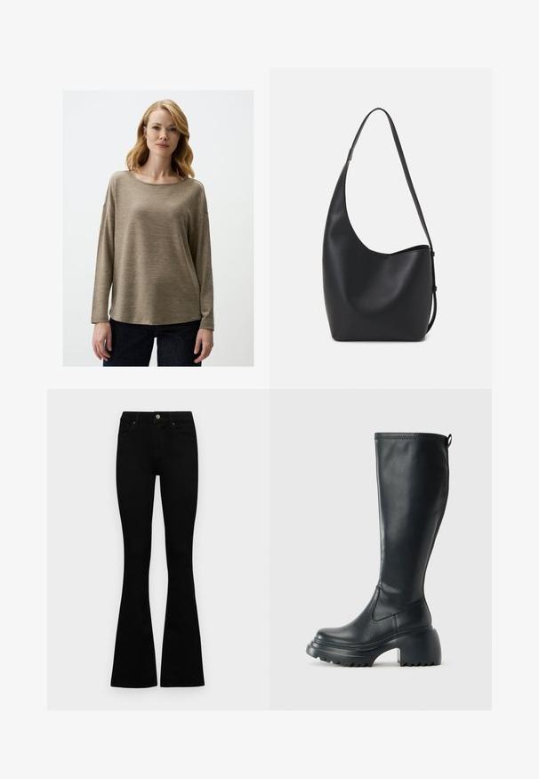 Lange mouwen, zachte beige top met een ronde halslijn en een ontspannen pasvorm. Gladde textuur en minimale stikseldetails, gecombineerd met donkere spijkerbroeken.; Zwarte hoge taille jeans met een knoop- en ritssluiting, voorzakken en een flared pijp, plat gelegd op een witte achtergrond.; Hoge zwarte leren laars met een chunky plateauzool en blokhak, voorzien van een trekband en een gestructureerd profiel op de buitenzool.; Zwarte leren hobo tas met een gladde textuur, kromme vorm en een enkele verstelbare schouderband; heeft een brede opening aan de bovenkant.