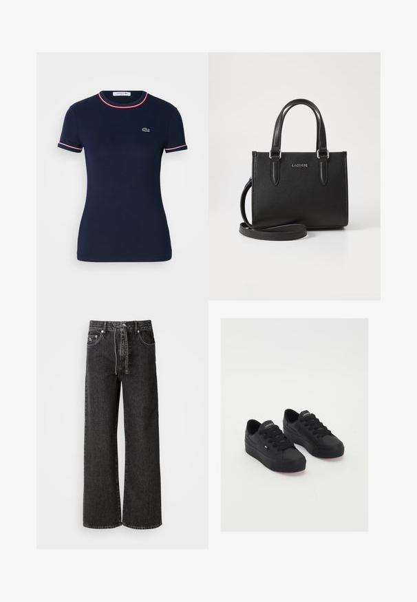 Námořnická modrá bavlněná tričko s kulatým výstřihem, krátkými rukávy a červeným a bílým lemem. Obsahuje malé zelené logo na levém prsu.; Černé široké džínové kalhoty vyrobené z denimu. Mají vysoký pas, pásky na opasek, přední kapsy a stříbrné detaily.; Černé nízké tenisky vyrobené z hladkého materiálu, s tlustými tkaničkami, texturovanou podrážkou a malým logem po straně a na jazyku.; Černá kožená kabelka s texturou, vybavená krátkými uchy a odnímatelným ramenním popruhem. Na přední straně se nachází stříbrné logo "LACOSTE".