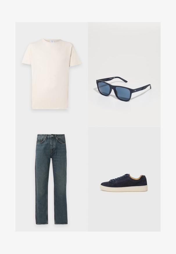 Kortermet beige T-skjorte laget av myk bomull, med rund hals og en avslappet passform. Subtil tekstur med minimalt med detaljer.; Mørkeblå denimjeans med rett ben-design, med fem lommer, knappeåpning og kontrasterende sømdetaljer.; Marineblå semsket lav sneaker med rund tå, off-white gummisåle og matchende snørebånd; har en kontrasterende tan indvendig foring.; Blå rektangulære solbriller med mørke linser, matt marineblå ramme, logo-detajler på stengene, rette armer og en solid, glatt tekstur.