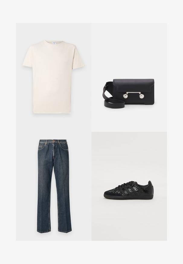 T-shirt de manga curta em bege, feito de algodão suave, com decote redondo e um corte descontraído. Textura subtil com detalhes mínimos.; Jeans de ganga de perna reta azul escuro com botão à frente, fecho de correr, dois bolsos frontais e vinco vertical visível ao longo das pernas.; Sapato atlético preto com uma mistura de materiais sintéticos lisos e texturizados, com três riscas pretas e uma sola de borracha.; Saco transversal em pele preta com fecho de aba, ferragens em tom prateado e dois acentos redondos. Apresenta uma alça destacável. Textura suave.