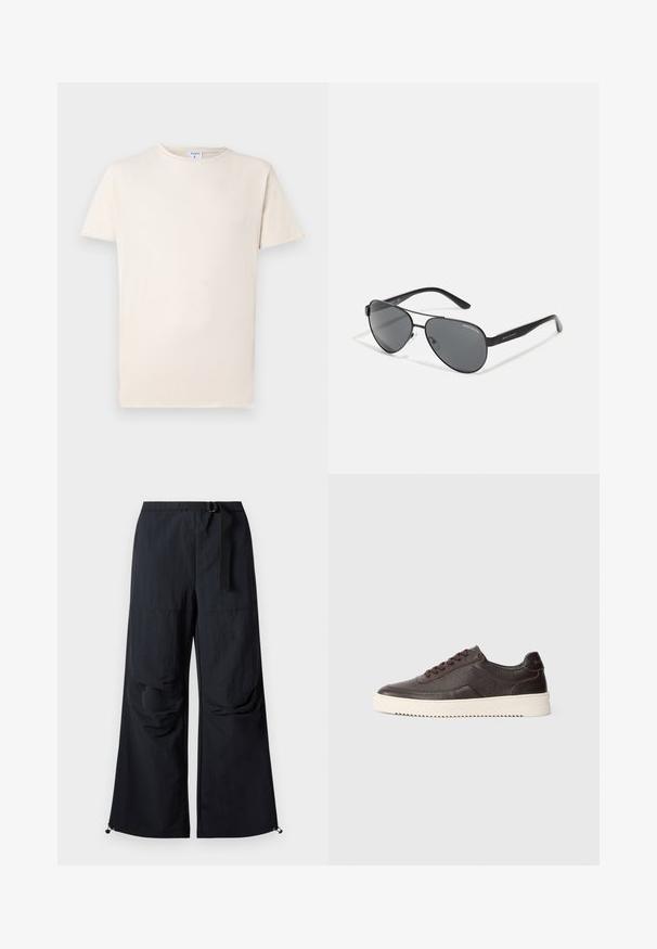 Trumpa rankovėmis bežinė marškinėlių palaidinė, pagaminta iš minkštos medvilnės, su apvaliu iškirpimu ir laisvu siluetu. Subtili tekstūra su minimaliu apdailos elementu.; Juodi plačios kojos kelnių, pagaminti iš lengvos medžiagos, su diržu ties liemeniu, priekinių kišenių ir reguliuojamais apatiniais kraštais su užtrauktukais.; Tamsiai rudos odinės sportinės bateliai su tekstūriniu paviršiumi, apvaliu nosiu ir kontrastinga kreminės spalvos guminėmis padais. Yra raišteliai ir subtilūs siuvinėjimo detalės.; Juodos aviacijos akiniai su tamsiais lęšiais, plonu metaliniu rėmeliu ir lieknais plastikiniais šonais, kuriuose yra logotipo akcentai.
