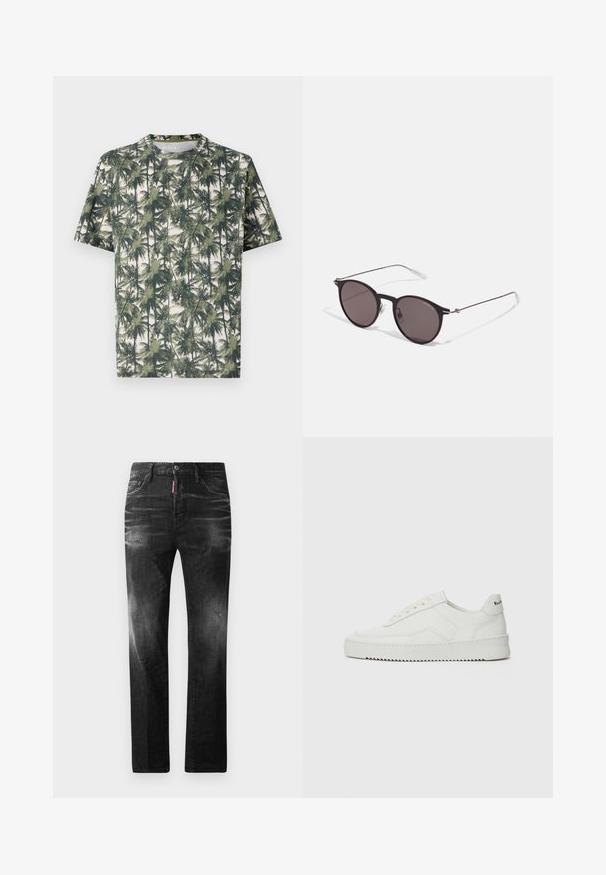 Īsu piedurkņu T-krekls mīkstā audumā ar palmu koku apdruku. Dominējošās krāsas ir zaļa un bēša, ar brīvu piegriezumu un apaļu apkakli.; Melni džinsi no denima ar taisnu piegriezumu. Iespējas ietver izbalējušas vietas, nelielas nodiluma pazīmes, klasisko piecu kabatu dizainu un pogu aizdari.; Baltas ādas sneakers ar gludu virsmu, apaļu pirkstu daļu, plakaniem šņorēm un teksturētu zoli. Satur diskrētu logotipu uz papēža.; Melni apaļi saulesbrilles ar tumšiem lēca un plānām metāla stangām. Iekļautas caurspīdīgas tempļu galviņas un sudraba akcenti pie eņģes. Minimalistisks dizains.
