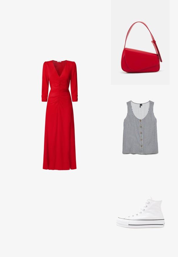 Ärmelloses gestreiftes Tanktop in Weiß und Marineblau. Mit tiefem V-Ausschnitt, Knopfleiste vorne und einer linken Tasche. Sanfte Stofftextur.; Rotes Kleid mit V-Ausschnitt, 3/4-Ärmeln und Raffung an der Taille und am Rücken. Der Stoff wirkt glatt und leicht.; Weiße hochwertige Leinensneaker mit schwarzer Gummisohle, vorderem Gummizehenschutz und sechs Ösen für Schnürsenkel, die ein sauberes, minimalistisches Design aufweisen.; Rote Lederhandtasche mit einem kantigen, geometrischen Design. Verfügt über einen verstellbaren Schulterriemen und einen Klappenverschluss mit genähten Details.