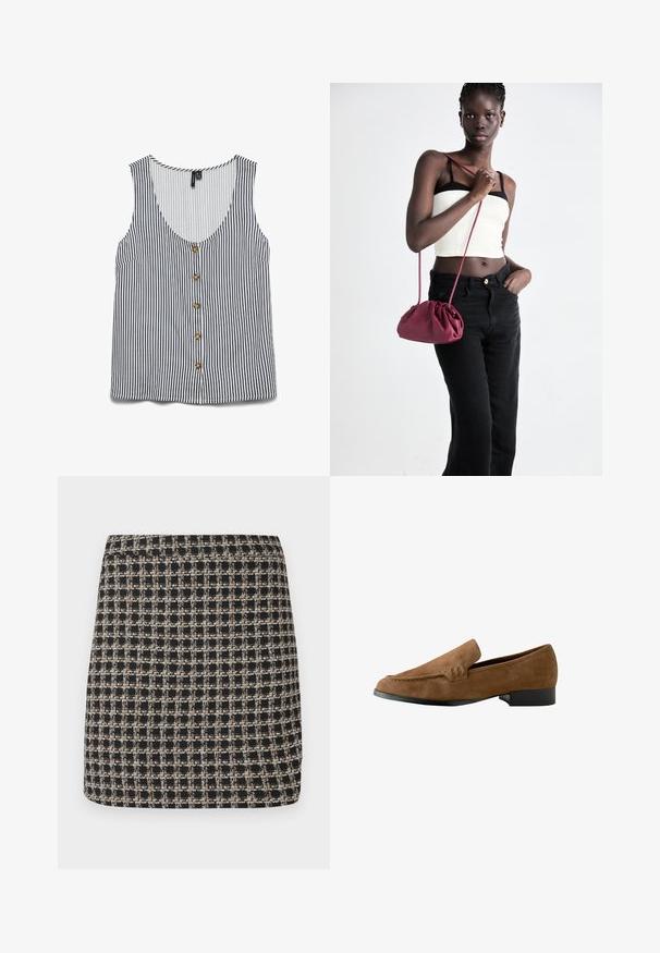 Bezramenné prúžkované tielko v bielej a námornej modrej farbe. Má hlboký výstrih do V, gombíkovú prednú časť a ľavú kapsu. Hladká textúra látky.; Burgundská košeľa na gombíky s dlhými rukávmi, klasickým golierom a plisovanými detailmi v oblasti pása. Hladká tkanina s jemným leskom.; Čierna a béžová kockovaná mini sukňa s textúrovaným tkaním a hladkým pásom, so štruktúrovaným strihom a jednoduchým dizajnom.; Hnedé semišové mokasíny s mierne zvýšeným podpätkom, hladkou textúrou, šitím na prednej časti a zaobleným dizajnom špičky.; Burgundský mäkký kabelka z textilu s zhromaždeným dizajnom a dlhým popruhom, nosená cez telo. Model má na sebe biely crop top a čierne džínsy.