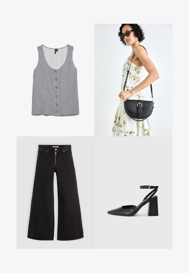Bezramienna bluzka w paski w kolorze białym i granatowym. Posiada głęboki dekolt w serek, zapięcie na guziki oraz kieszeń po lewej stronie. Gładki materiał.; Jeans o szerokich nogawkach w czarnym denienie z zamkiem błyskawicznym z przodu, pięcioma kieszeniami i subtelnymi detalami przeszycia. Gładka tekstura i swobodny styl.; Czarne skórzane czółenka z ostrym noskiem, z paskiem na kostce i grubym obcasem. Gładka faktura, elegancki design i minimalistyczna estetyka.; Czarna skórzana torebka o zakrzywionym kształcie, z odpinanym paskiem i złotymi akcentami. Torebka posiada klapę z zapięciem w kształcie klamry.