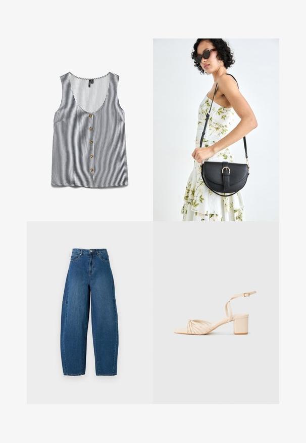 Bez piedurknēm svītrainā t-krekls baltā un tumši zilā krāsā. Ietver dziļu V-veida kakla izgriezumu, pogu priekšpusi un kreiso kabatu. Gluda auduma tekstūra.; Denim bikses vidējā zilā krāsā ar augstu jostasvietu, platām kājām un standarta piecu kabatu dizainu ar redzamām šuvju detaļām.; Bežīgas sandales ar papēdi, ar kvadrātveida purngalu, savītu priekšējo dizainu, potītes siksniņu un blokveida papēdi. Gluda faktūra, minimālisma stils.; Melnas ādas rokassoma ar izliekta formu, noņemamu siksnu un zelta aksesuāriem. Somai ir vāciņš ar sprādzes detaļu.