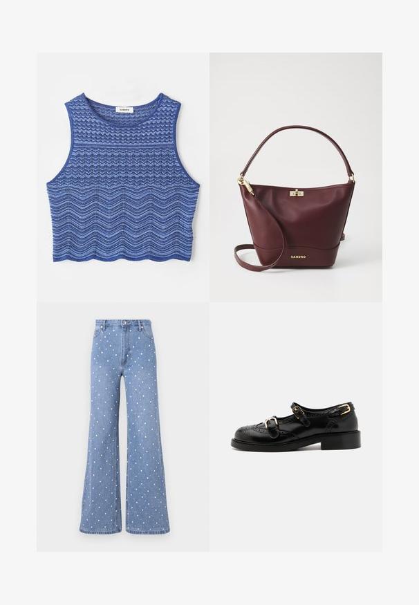 Abgeschnittenes Tanktop in Blautönen, mit strukturierten Zickzack- und Wellenmustern, rundem Halsausschnitt und einem abgeschlossenen Saum.; Hellblaue Schlagjeans mit einem gepunkteten Muster aus weißen und silbernen Nieten, mit standardmäßigem Taillenbund und vorderem Knopfverschluss.; Schwarze Lederschuhe mit Broguedetails, ausgestattet mit zwei Schnallenriemen, einer abgerundeten Zehenpartie und einem flachen Absatz. Glatte Textur mit glänzendem Finish.; Bordeauxfarbige Lederhandtasche mit einer strukturierten Form, einem flachen Boden, einem runden Griff und goldfarbenen Beschlägen, die einen Verschluss und ein Logodetail aufweisen.