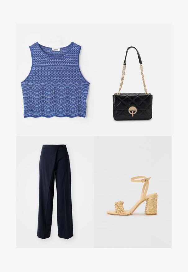 Abgeschnittenes Tanktop in Blautönen, mit strukturierten Zickzack- und Wellenmustern, rundem Halsausschnitt und einem abgeschlossenen Saum.; Marineblaue weite Hosen mit Wickeldesign, glattem Stoff, hoher Taille und einem einzelnen Knopfverschluss vorne.; Beige High-Heel-Sandale mit geflochtener Textur, dekorativer Blume und Knöchelriemen. Der quadratische Absatz sorgt für Stabilität.; Schwarze gesteppte Lederhandtasche mit einem goldenen Kettenriemen, die über ein rundes Verschlussdetail verfügt. Kompakte rechteckige Form mit einer glatten Textur.