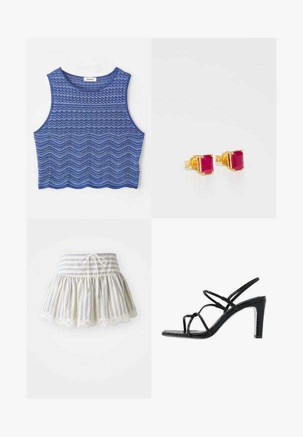 Lühendatud tank top sinistes toonides, millel on tekstureeritud sakilised ja lainekujundid, ümmargune kaelus ja lõpetatud serv.; Kollane ja sinine triibuline seelik, millel on kogutud vöökoht, nööriga ja pitsäär. Puuvillane kangas.; Mustad mustekad jalanõud õhukeste rihmadega, tekstuuritud pinnaga, avatud varba ja libiseva, terava kontsaga disain. Omab sileda sisesooli ja läikivat pinda.; Kulla kõrvarõngad, millel on ristkülikukujulised rubiinikivid, millel on fassaadiga pind, paigutatud tekstureeritud kullasettimisse. Erksalt punane värv ja poleeritud viimistlus.