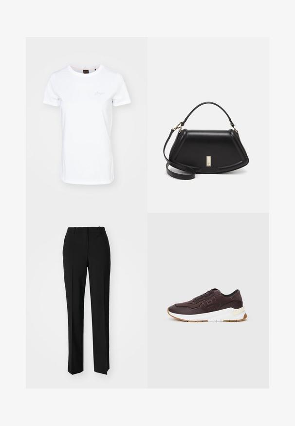Camiseta branca de manga curta feita de algodão. Apresenta um decote redondo e um discreto logótipo bordado no peito. Textura suave.; Calças pretas de corte ajustado com um design de perna reta, apresentando uma textura lisa e pregas bem definidas na frente. Sem hardware visível.; Sapatilhas castanho-escuro com forro preto, logo em relevé de lado, sola branca grossa e sola de cor goma em fundo simples.; Bolsa de couro preta com um design estruturado, apresentando uma forma cropped, alça superior e detalhes em metal dourado. Inclui uma alça de ombro ajustável.