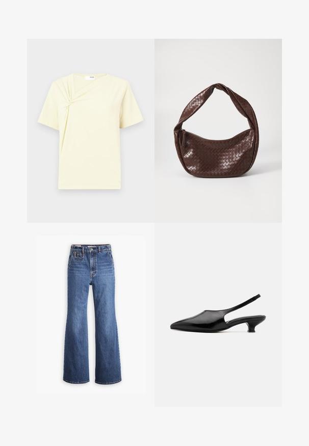 Short-sleeve yellow T-shirt with a twisted knot detail on the front, soft fabric, and a relaxed fit, featuring an asymmetrical design.; High-waisted blue denim jeans with a wide-leg design, featuring a front pocket, brass button closure, and contrast stitching.; Black leather slingback heels with a pointed toe, open sides, and a short, flared heel. Smooth texture and minimalist design.; Brown woven leather handbag with a curved, knotted handle and a zippered closure. Smooth texture and rounded shape.
