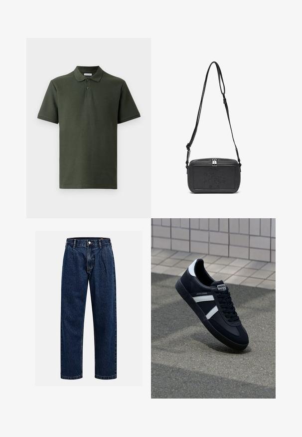 Polo de culoare verde închis, realizat dintr-un material texturat. Are un guler, două nasturi și un mic logo pe piept. Mâneci scurte.; Jeans din denim albastru închis cu un design drept. Prezintă cusături vizibile, închidere cu buton și pliuri frontale pentru un detaliu suplimentar.; Sneaker din piele neagră cu dungi albe, talpă din cauciuc texturat și șireturi. Prezintă un eticheta de marcă pe limbă.; Geantă din piele neagră, tip crossbody, cu închidere cu fermoar, logo embosat pe față și curea ajustabilă. Textură netedă și formă rectangulară.