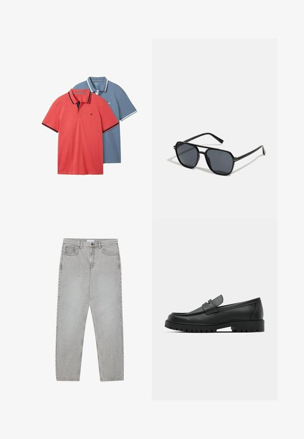 To polo-shirts: en koralfarvet med mørke detaljer og en lys blå med hvide accenter. Begge har kortærmer og en klassisk krave.; Lysegrå denimbukser med lige ben, fem lommer og knaplukning. Synlig syning langs sømmene.; Sorte læder loafers med rund tå, der har et syet design, lav platformssål og en struktureret, skridsikker gummisål.; Sorte solbriller med oktagonal stel, mørke linser, blank overflade, fine stænger og guldaccenter på forsiden.