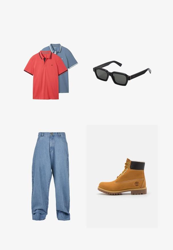 To polo-shirts: en koralfarvet med mørke detaljer og en lys blå med hvide accenter. Begge har kortærmer og en klassisk krave.; Lysblå denimbukser med løst fit, knaplukning, forlommer og cuffed kant, der har et klassisk fem-lomme design.; Brune læder ankelstøvle med metaløjer, hvid pelsforing, sort polstret krave, robust sål og præget logo på siden.; Sorte, firkantede solbriller med grå linser. Tykt plastisk stel med guld detaljer og branding på stangen. Glat tekstur.