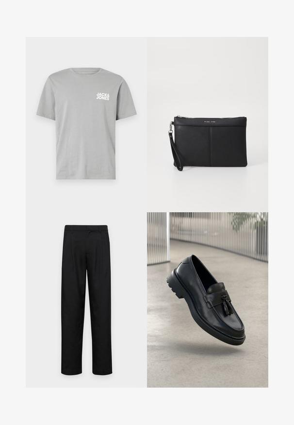 Grå bomullströja med korta ärmar, rund halsringning och en vit logotyp "JACK & JONES" tryckt på vänster bröst.; Svarta byxor i slät väv, med rak ben-design, två framfickor och standardmidja med bälteshällor.; Svarta loafers i läder med slät yta, dekorativ tofs, tjock sula i gummi och sydda detaljer. Lätt och elegant design.; Svart syntetisk clutch med dragkedja, handledsrem och en slät textur. Har subtil sömnad och en prägling av logotypen på framsidan.