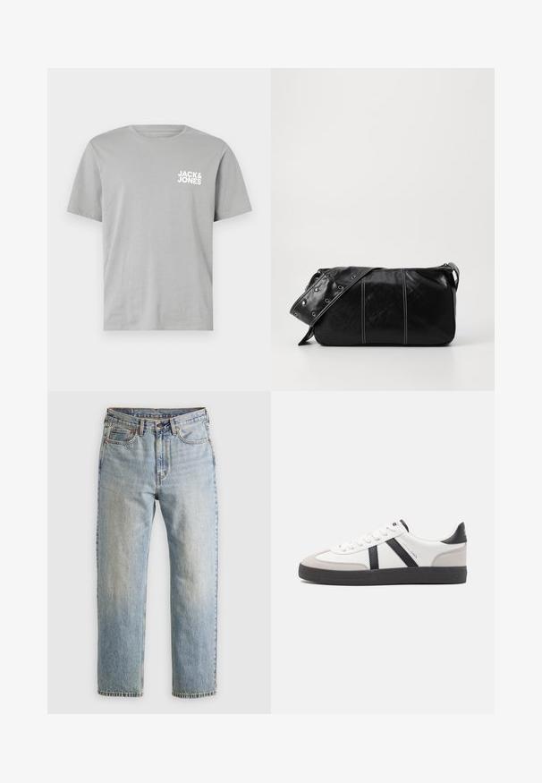 Gray cotton t-shirt with short sleeves, round neckline, and a white logo "JACK & JONES" printed on the left chest area.; Light blue denim jeans with high waist, front button, zipper, and five-pocket design, laid flat on a neutral background.; White sneaker with black and gray accents, featuring a textured gray toe cap, black rubber sole, and flat white laces. Clean design, minimalist style.; Black leather shoulder bag with a zip closure, featuring a textured body, white stitching, and a strap with silver grommets.