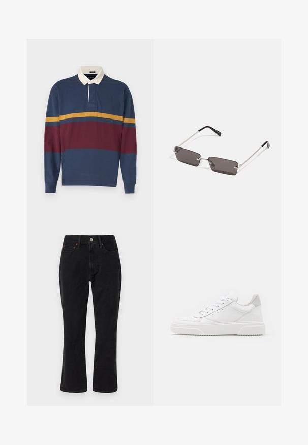Polo majica z dolgimi rokavi v mornarski modri barvi, okrašena z bordo in gorčičnimi črtami. Kontrastni bel ovratnik z gumbom. Mehka bombažna tkanina.; Črna in siva karirasta jakna s ovratnikom, sprednjimi gumbi in dvema žepoma na prsih. Narejena je iz teksturirane tkanine.; Črne kavbojke iz džinsa z ravnim krojem, petimi žepi in kovinskimi dodatki s bakrenimi akcenti. Gladka tekstura in srednji pas.; Bele usnjene športne copate z gladkim zaključkom, okroglo konico, ravnimi vezalkami in teksturiranim podplatom. Sivi semiš detajl na peti.; Očala za sonce s pravokotnimi, temno sivimi lečami, srebrnimi kovinskimi okvirji in črnimi plastičnimi konicami na ročajih. Lahka zasnova z nosnimi blazinicami.