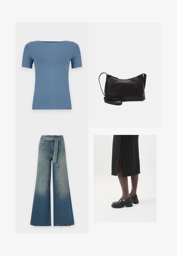 Modra kratka majica s kratkimi rokavi in okroglim izrezom. Narejena iz mehke tkanine, z oprijetim dizajnom in gladko teksturo.; Široke jeans hlače z gradientom od svetlo do temno modre, visokim pasom, zankami za pas in pasom iz istega materiala. Tekstura denim končnica.; Črne usnjene čevlje s zaobljenim prstom, debelim blokastim petama in elastičnimi stranskimi detajli, v kombinaciji s temno nogavicami in črno krilo z razporkom.; Črna usnjena torba čez ramo z gladko teksturo, ukrivljeno obliko, nastavljivim trakom in zadrgo. Minimalističen dizajn brez okrasnih detajlov.