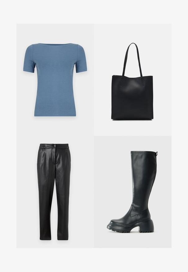 Kék rövidujjú póló kerek nyakkivágással. Puha anyagból készült, illeszkedő fazonú, sima textúrával.; Fekete bőr nadrág sima textúrával, egyenes szabással, rugalmas derékkal és elülső gombos záródással; pliszírozott részletezéssel és szűkített lábakkal.; Magas fekete bőrcipő, vastag platform talppal és blokk sarokkal, húzófüllel és texturált profillal az outsole-on.; Fekete bőrtáska sima felszínnel, téglalap alakú, két hosszú füllel. Nincs látható fémkiegészítő vagy díszítés.