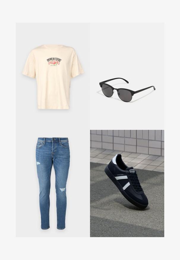 Jack & Jones JORHEAVEN TEE CREW NECK - Tricou cu imprimeu - buttercream; Jeanși din denim albastru estompați, cu o croială slim, având zone deteriorate la genunchi, închidere cu un buton și un design cu cinci buzunare.; Sneaker din piele neagră cu dungi albe, talpă din cauciuc texturat și șireturi. Prezintă un eticheta de marcă pe limbă.; Ochelari de soare negri cu lentile rotunde, finisaj mat și o formă distinctivă de cat-eye. Brațe subțiri cu un branding subtil pe templul stâng.