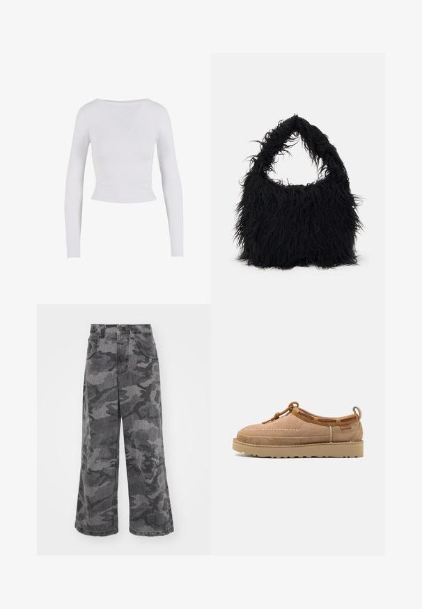 White long-sleeve cropped top with a round neckline, made from a smooth, stretchy fabric, featuring a fitted design and no visible fastenings.; Wide-leg camouflage jeans in shades of gray, made of denim, featuring two side pockets and a high waist design. Textured fabric with a printed pattern.; Light brown suede slip-on shoe with a rounded toe, featuring decorative stitching, leather accents, and a rubber sole.; Even&Odd Tote bag - black