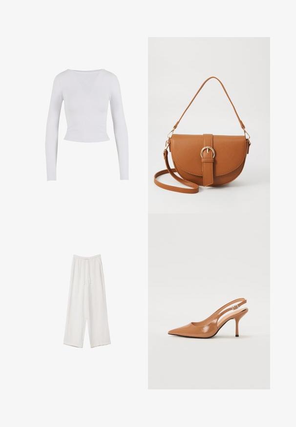 Weißes, langärmliges, kurzes Oberteil mit rundem Ausschnitt, aus einem glatten, dehnbaren Stoff gefertigt, mit einer taillierten Passform und ohne sichtbare Verschlüsse.; Weiße weit geschnittene Hose aus leichtem Stoff. Mit einem elastischen Bund und Kordelzug sowie Seitentaschen. Glatte Textur.; Spitz zulaufender Slingback-Absatz aus einem glatten, glänzenden, tanfarbenen Material. Mit einem geschwungenen Ausschnitt-Design und einem schlanken Stiletto-Absatz. Silberne Schnallendetails.; Braune Leder-Crossbody-Tasche mit geschwungener Form, goldfarbenen Beschlägen und einer Schnallenakzentuierung. Verfügt über einen abnehmbaren Schultergurt.