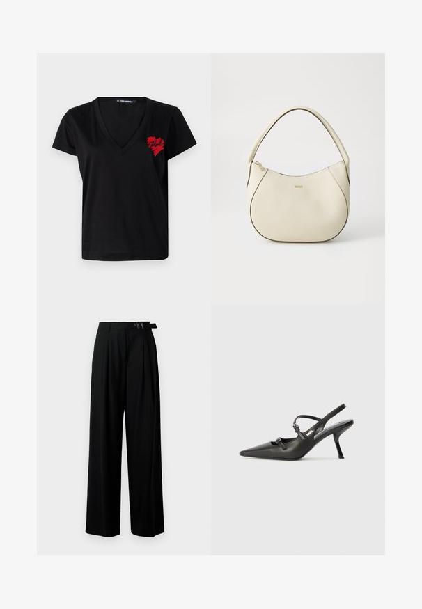 T-shirt de algodão preto com decote em V, mangas curtas, apresentando um design de coração bordado em vermelho no lado esquerdo do peito. Corte clássico.; Calças largas pretas de cintura alta, com pregas à frente e um cinto com fivela. Feitas de um tecido liso e leve.; Sapatos de salto alto em couro preto, tipo slingback, com bico pontiagudo, salto esguio e detalhe decorativo em fivela no peito do pé. Textura suave e design elegante.; Saco de mão em tom creme com um acabamento texturizado, forma curva, alça curta e detalhe do logótipo em tom dourado. Fecho com zíper na parte superior.