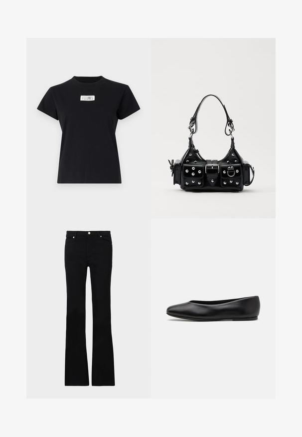 Czarna bawełniana koszulka z okrągłym dekoltem i krótkimi rękawami. Na przodzie znajduje się biała naszywka z nadrukowanymi cyframi i okrągłym logo.; Czarne dzwony z denimu, z dwoma przednimi kieszeniami, zapięciem na guzik i gładką fakturą. Widoczne charakterystyczne szycie na szwach.; Paul Smith TOPANGA czarny; Czarna skórzana torebka w zakrzywionym kształcie, z srebrnymi ćwiekami, klamrą i dwoma bocznymi kieszeniami. Regulowany pasek umożliwiający różne opcje noszenia.
