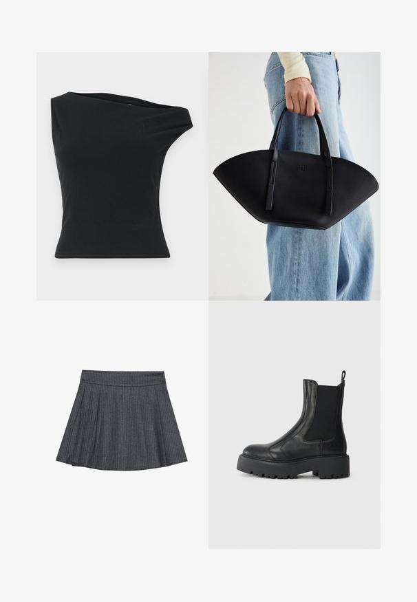 Zwarte top met één schouder, gemaakt van glad, rekbaar materiaal. Heeft een getailleerde silhoutte en een asymmetrische halslijn met een nette zoom.; Grijze pinstriped skaterrok met een aansluitende tailleband, uitlopende A-lijnvorm en zachte stoftextuur. Verticale lijnen vergroten de visuele belangstelling.; Zwarte leren enkelboot met elastische zijpanelen, een ronde neus en een chunky, getextureerde rubberen zool. Voorzien van een treklabel aan de achterkant.; Zwarte leren handtas met een unieke waaier vorm, voorzien van platte handvatten. Het oppervlak heeft een gewelfde textuur en een minimalistisch ontwerp.