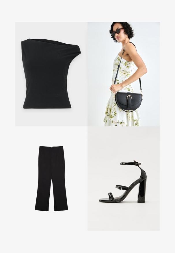 Černý top na jedno rameno vyrobený z hladké, elastické tkaniny. Má přiléhavý střih a asymetrický výstřih s čistým lemem.; Černé kalhoty s rovným střihem, s předními kapsami a bočními rozparky na lemu. Vyrobené z jemné, hladké tkaniny. Vhodné na různé příležitosti.; Černé lakované sandály na podpatku se čtveratou špičkou, lýtkovými pásky a stříbrnými přezkami. Disponují masivním blokovým podpatkem pro stabilitu.; Černá kožená kabelka s křivkovým tvarem, odnímatelným popruhem a zlatými detaily. Kabelka má klopu s přezkou.