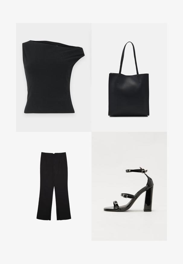 Schwarzes Top mit einem Schulterträger, gefertigt aus glattem, elastischem Stoff. Es zeichnet sich durch eine taillierte Silhouette und einen asymmetrischen Ausschnitt mit einem sauberen Saum aus.; Schwarze Hose mit geradem Schnitt, ausgestattet mit Fronttaschen und Seitenschlitzen am Saum. Hergestellt aus weichem, glattem Stoff. Geeignet für verschiedene Anlässe.; Schwarze patentierte Sandalen mit Absatz, quadratischer Spitze, Knöchelriemen und silbernen Schnallen. Mit einem stabilen Blockabsatz für mehr Stabilität.; Schwarze Laptoptasche aus Leder mit glatter Textur, rechteckiger Form und zwei langen Griffen. Keine sichtbaren Beschläge oder Verzierungen.