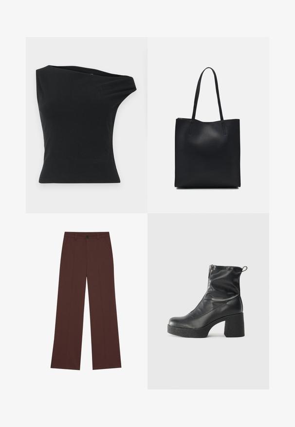 Fekete, egyvállas felső sima, rugalmas anyagból. Testhez simuló szabású, aszimmetrikus nyakkivágással és letisztult szegéllyel rendelkezik.; Bő szárú nadrág gazdag barna szövetből. Gombos záródás, két elülső zseb, sima textúra és tiszta vonalak jellemzik.; Fekete bokacsizmák sima bőrből, oldalsó cipzárral, vastag, texturált sarkú és lekerekített orrú dizájnnal.; Fekete bőrtáska sima felszínnel, téglalap alakú, két hosszú füllel. Nincs látható fémkiegészítő vagy díszítés.