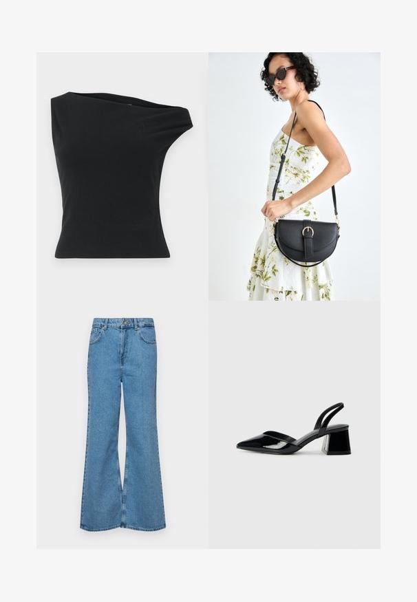 Top negro de un solo hombro hecho de una tela suave y elástica. Presenta una silueta ajustada y un escote asimétrico con un dobladillo limpio.; Jeans acampanados de color azul claro hechos de denim, con una cintura alta, cinco bolsillos y un cierre de botón. Textura suave con acabado desgastado.; Zapatos de tacón slingback de charol negro con punta afilada y tacón geométrico en bloque. Presentan un diseño elegante y minimalista, así como una textura suave.; Bolso de piel negra con forma curva, correa desmontable y herrajes dorados. El bolso cuenta con una solapa con un detalle de hebilla.