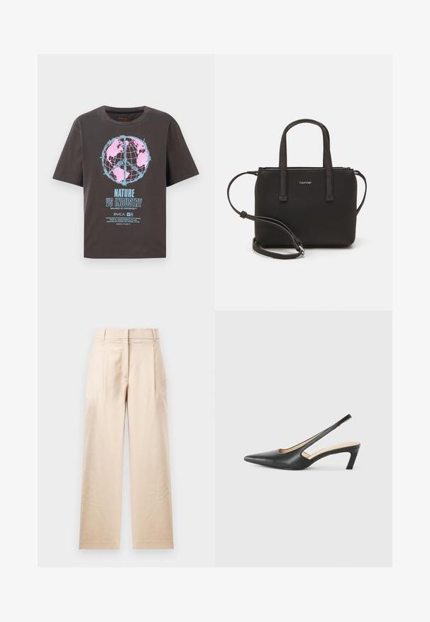 Tamsiai pilka marškinėliai su trumpomis rankovėmis, kuriuose yra spalvingas žemės rutulio dizainas rožinės ir mėlynos spalvos, o tekstas "PRIGIMTIS VS PRAMONĖ" bold stiliumi.; Smėliniai kelnių pagaminti iš lygios medžiagos. Turi tiesią pynimą, plokščią priekį ir dvi raukšles. Nėra matomų raštų ar metalinių detalių.; Juodas smailus slingback batelis su žemu kulnu, pagamintas iš lygaus odos paviršiaus ir su išpjovomis šone, užtikrinančiomis oro pralaidumą.; Juoda rankinė su dviem trumpais rankenėlėmis ir nuimamu petį. Lygaus odos tipo medžiaga su užtrauktuku ir logotipo detale.