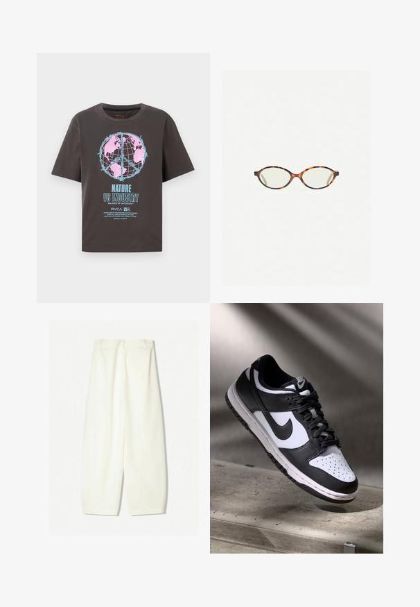 Tamno siva majica kratkih rukava s šarenim dizajnom globusa u ružičastoj i plavoj boji, s natpisom "PRIRODA VS INDUSTRIJA" u podebljanom fontu.; Hlače širokih nogavica od mekog kremastog materijala, s glatkom teksturom, prednjim džepovima i opuštenim krojem s srednje visokom elasticom.; Crno-bijeli Nike Dunk Low tenisice s kožnim gornjištem, perforiranim prednjim dijelom, crnim vezicama, s bijelim đonom i logom.; Naočale u boji kornjače s ovalnim staklima i elegantnim, glatkim završetkom. Imaju tanke strane s suptilnom krivuljom na sljepoočnicama. Prozirna stakla.