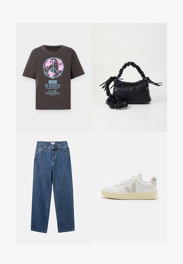 Donkergrijze T-shirt met korte mouwen, met een kleurrijk wereldbolontwerp in roze en blauw, en de tekst "NATURE VS INDUSTRY" in vetgedrukt.; Klassieke blauwe denim jeans met een rechte pijp, vijf zakken en een knoopsluiting. Heeft een middelgrote wasbeurt en stevige textuur.; Witte leren sneaker met beige suède accenten, geperforeerde neus, platte veters en een gestructureerde crèmekleurige zool. Heeft subtiele branding op de hak.; Zwarte nepleer handtas met een krokodillenstructuur, opgedroogde bovenkant en een gekreukte hengsel. Het lijkt zacht en compact van ontwerp.