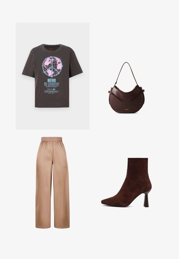 T-shirt grigio scuro con maniche corte, con un design colorato del globo in rosa e blu, e il testo "NATURA VS INDUSTRIA" in grassetto.; Pantaloni a gamba larga, di colore marrone chiaro, realizzati in tessuto morbido con una cintura elastica, caratterizzati da un design semplice e senza ulteriori adornamenti.; Stivale alla caviglia in suede marrone con punta affusolata, design aderente e tacco alto e sottile, caratterizzato da linee pulite e texture liscia.; Borsa a spalla in pelle marrone con un design curvo, dotata di due fasce piatte e un logo dorato. Texture liscia con minimo utilizzo di metallo.