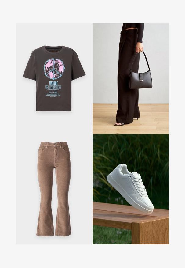 Temno sivo majico s kratkimi rokavi, ki ima pisan dizajn svetovne kugle v roza in modri barvi ter besedilo "NARAVA PROTI INDUSTRIJI" v krepki pisavi.; Rjave kordurojske široke hlače z ribasto teksturo, ki imajo visok pas, pet žepov in sprednje gumbno zapiranje.; Bela teniska s gladkim sintetičnim zgornjim delom, perforiranim prednjim delom, ravnimi vezalkami in teksturiranim podplatom, prikazana na leseni površini.; Črna torbica z strukturirano obliko, gladko teksturo in kovinskim zaponko. Ujemajo se z širokimi črnimi hlačami in odprtimi sandali na lesenem tleh.