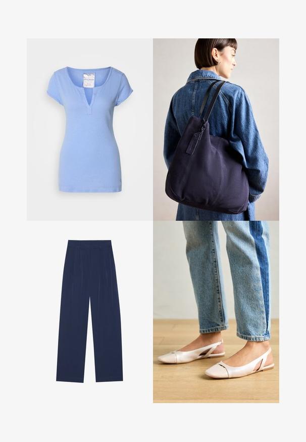Jasnoniebieska bawełniana koszulka z dekoltem w serek, krótkimi rękawkami i subtelnym wykończeniem szwami. Posiada małe logo w pobliżu dołu.; Granatowe spodnie o szerokich nogawkach, wykonane z miękkiego materiału, z przodem w kant, gładką fakturą i prostym krojem bez widocznych kieszeni.; Jasnoróżowe baleriny na odkrytej pięcie z wąskim noskiem, wykonane z gładkiego materiału imitującego skórę. Posiadają wycięcia po bokach oraz płaski obcas.; Granatowa torba na ramię z płótna o miękkim, strukturalnym kształcie, z czarnym paskiem, przeszyciami i małą metką marki.