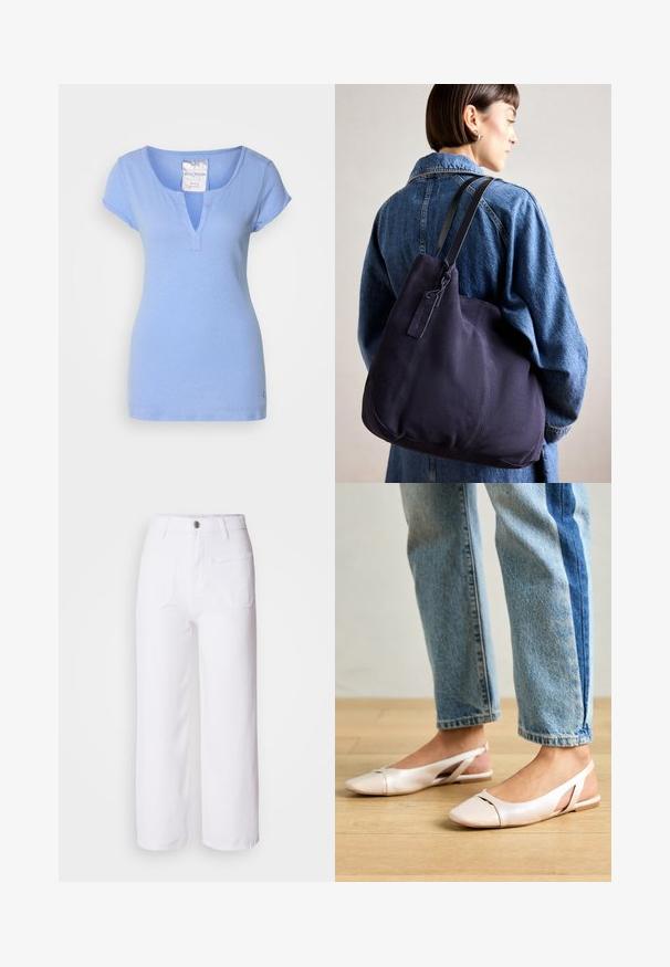 Tricou din bumbac de culoare bleu deschis, cu decolteu în V, mâneci scurte tip capă și detalii subtile de cusătură. Prezintă un mic logo aproape de tiv.; Pantaloni largi din denim alb cu închidere prin buton, curea pentru centură, două buzunare frontale și un singur buzunar la spate. Țesătură durabilă și texturată.; Sandalete plate de un roz pal cu vârf ascuțit, realizate dintr-un material asemănător pielii, neted. Prezintă detalii decupate pe laterale și un toc plat.; Geantă de umăr din pânză navy cu o formă moale și structurată, având o curea neagră, detalii cusute și un eticheta mică a brandului.
