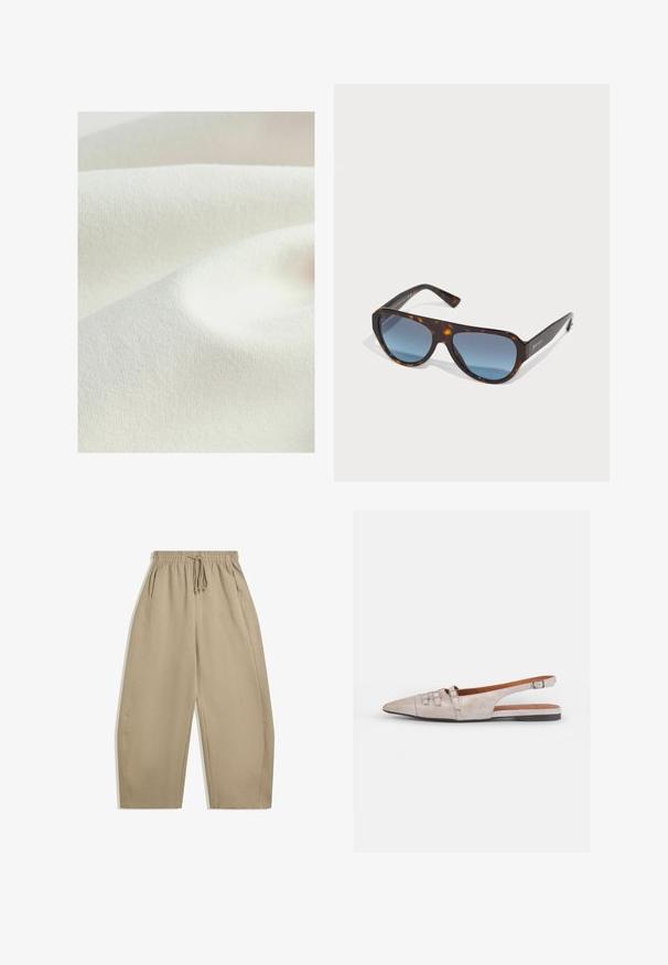 Textilní materiál v krémové barvě, s hladkým, mírně texturovaným povrchem a jemnými záhyby, vykazující subtilní, jednotný vzhled.; Beige široké kalhoty vyrobené z měkké tkaniny, které mají elastický pas se šňůrkou a boční kapsy. Hladká textura, jednoduchý design.; Světlé béžové slingback boty s špičatou špičkou, jemnou semišovou texturou, s dvěma dekorativními přezkami a nízkým plochým podpatkem.; Brýle v kočičím stylu s tmavě modrými gradientními skly, robustní obrubou a širokými nozdrami. Logo značky na straně; leštěný povrch.; Hnědá kabelka z patentované kůže obdélníkového tvaru, se dvěma dlouhými uchy a jemnými zakřivenými akcenty na přední straně.