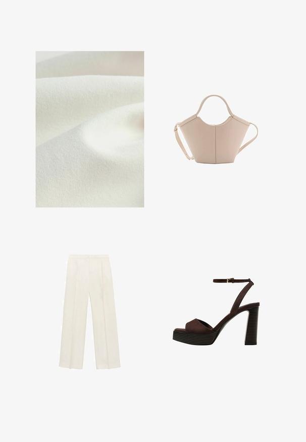 Tekstilni materijal u krem boji, s glatkom, blago teksturiranom površinom s mekano naborima, prikazuje suptilan, ujednačen izgled.; Hlače širokog kroja u svijetloj krem boji. Izrađene su od glatkog materijala s plisama sprijeda i bočnim džepovima.; Smeđe zamšaste sandale s visokim potpeticama, otvorenim prstima, podesivom trakicom oko gležnja i prugastom platformom.; Bež kožna torba jedinstvenog oblika, s dva kratka ručka i dugom podesivom trakom. Glatka tekstura s minimalnim metalnim dodacima.