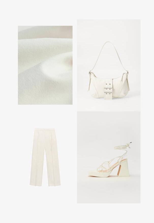 Matériau textile dans une teinte crème, présentant une surface lisse légèrement texturée avec des plis doux, affichant une apparence uniforme et subtile.; Pantalons larges de couleur crème clair. Fabriqués dans un tissu lisse avec des plis à l'avant et des poches latérales.; Sandale blanche à talons hauts avec un talon épais, présentant un design à lanières et un lien autour de la cheville. Texture lisse avec une plateforme à l'avant pour une hauteur supplémentaire.; Sac à épaule blanc avec une finition texturée, une accentuation par une boucle centrale et une forme courbée. Fermetures éclair des deux côtés.