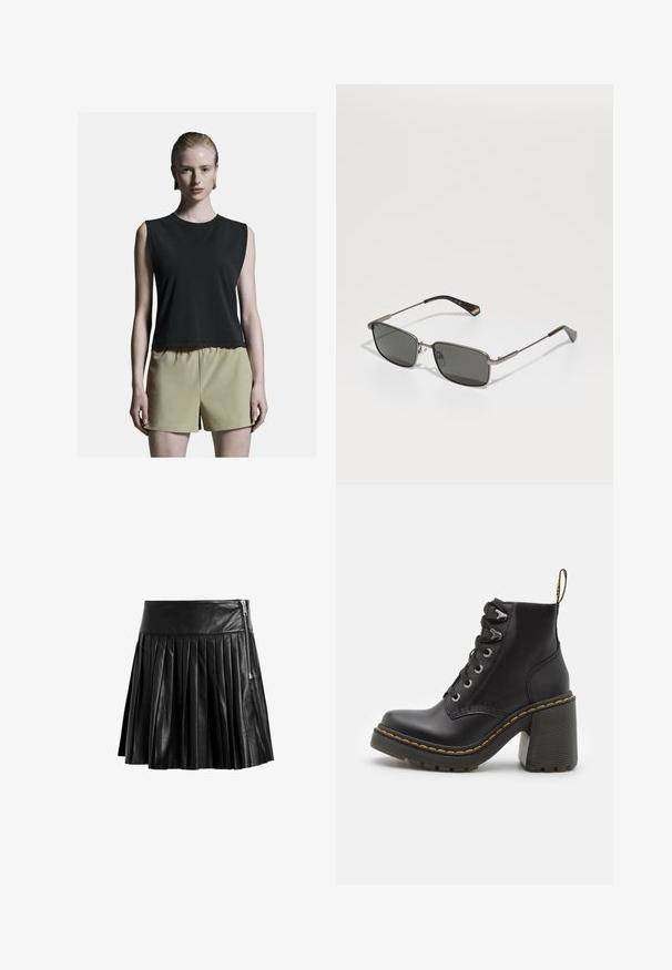 Zwarte mouwloze top met een ronde halslijn, gecombineerd met licht kaki hoge taille shorts. Soepele stof met een losse pasvorm.; Witte overhemd met lange mouwen, gestructureerde kraag en afgeronde zoom. Gemaakt van een gladde, effen stof zonder zichtbare patronen of accenten.; Zwarte leren geplooide rok met een gladde textuur, voorzien van een zijrits en een hoge tailleband voor een gestructureerd ontwerp.; Zwarte leren enkelboot met een dikke hoge hak, vetersluiting aan de voorkant, metalen oogjes en gele stiksels langs de zool. Getextureerde rubberen zool.; Polaroid UNISEX - Zonnebril - matte black