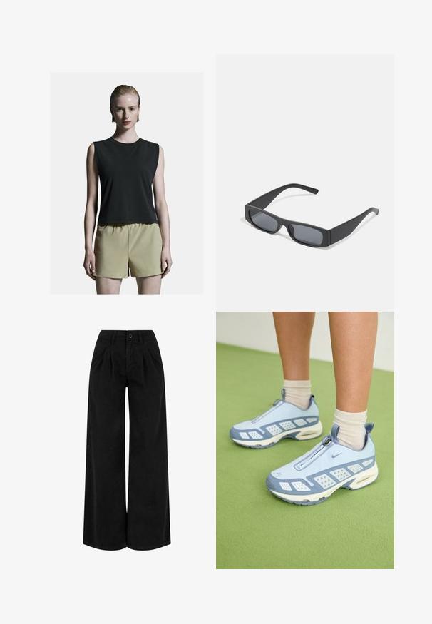 Črn top brez rokavov z zaobljenim izrezom, v kombinaciji s svetlim khaki krilom z visokim pasom. Gladka tkanina z udobnim krojem.; Črne široke hlače iz lahkega materiala, ki imajo gube spredaj, gumbasto zapiranje in čist zaključek pri robu.; Svetlo modre športne čevlje z belimi poudarki, teksturiranimi paneli in zadrgo. Vključujejo vidno zračno oblazinjenje v podplatu in gumijast podplat.; Črne pravokotne sončna očala s temnimi lečami in debelimi mat okvirji. Ročaji so rahlo ukrivljeni in imajo gladko teksturo.