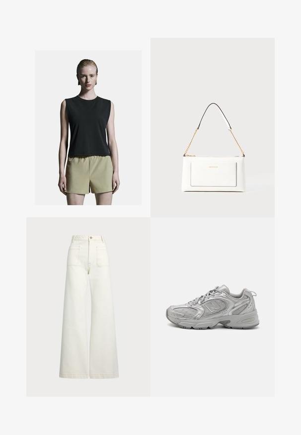 Black sleeveless top with a rounded neckline, paired with light khaki high-waisted shorts. Smooth fabric with a relaxed fit.; Wide-leg jeans in off-white denim. High-waisted design with a button closure, two front pockets, and contrast stitching details.; Silver athletic shoe with a sleek design, mesh panels, padded tongue, textured synthetic upper, and rubber outsole for traction.; White leather handbag with a textured finish, featuring a gold chain strap and black accents. Includes a front pocket and zipper closure.