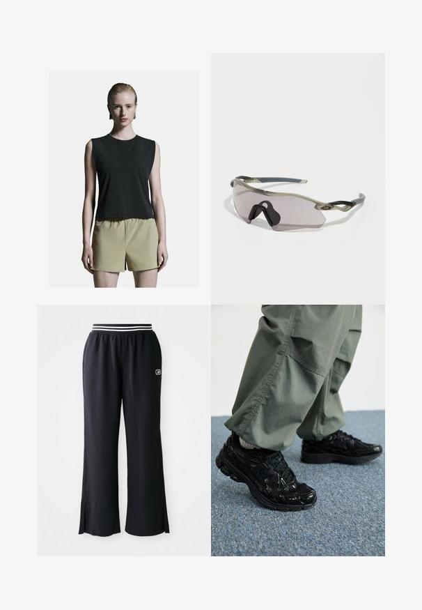 Černý bezramínkový top s kulatým výstřihem, kombinovaný se světle khaki vysokými šortkami. Hladká tkanina s uvolněným střihem.; Černé sportovní kalhoty s širokým nohavicovým designem, elastickým pasem s černobílými pruhy a bočními rozparky na lemu.; Černé sportovní tenisky s lesklou a síťovou texturou, s silnou podrážkou a tkaničkami, spárované s volnými olivově zelenými cargo kalhotami.; Sluneční brýle s průhledným šedým rámem, tónovanými skly a ostrým designem. Mají charakteristický nosník a texturované tmavě šedé spánkové obruby.