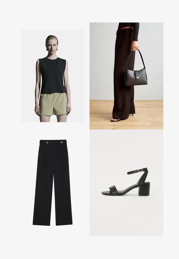 Musthave kaelusega must ilma käisteta pluus, millele on sobitatud heledad khaki kõrge vöökohtadega lühikesed püksid. Sile kangas ja mugav lõige.; Mustad laiad püksid kõrge vöökoha ja nööpdetailidega vööandil, esikortsudega.; Mustad mustakäpp featuring a sileda nahast ülemine osa, avatud varvas, laiad esistrapid ja reguleeritav pahkluu rihm kuldse pandlaga.; Must musta kott, millel on struktureeritud kuju, sile tekstuur ja metallist klamber. Kombineeritud laiate mustade pükstega ja avatud varvaste sandaalidega puidust põrandal.