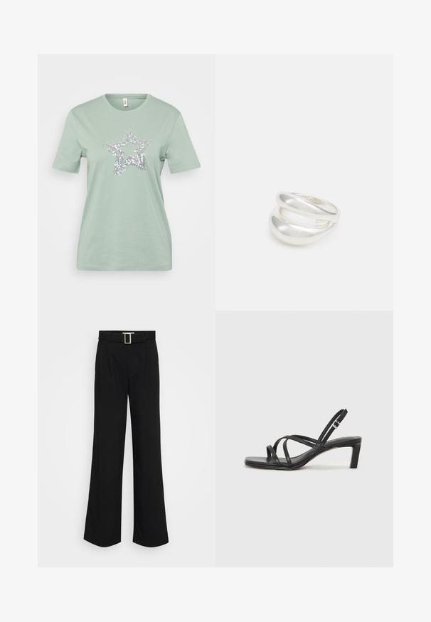 Light green cotton t-shirt with short sleeves, featuring a silver sequined star design in the center. Smooth texture, standard crew neckline.; Black wide-leg trousers made of lightweight fabric, featuring a smooth texture, front pleats, and a belt with a square metal buckle.; Black strappy sandal with a square toe and a low block heel. Features multiple thin straps and an adjustable ankle strap. Made of smooth leather.; Silver double-band ring with a smooth, polished surface. Features a fluid, curved design with overlapping sections for a modern look.