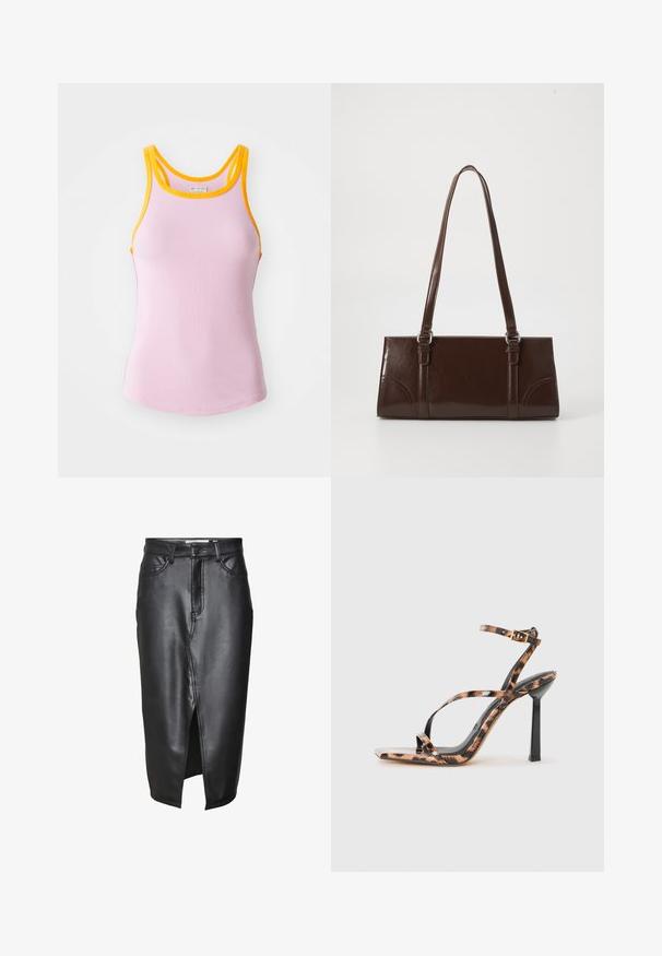 Rozā ribota topiņa ar dzeltenu apdari, kurai ir pieguļošs dizains un sacensību tipa muguriņa. Mīksta tekstūra ar nelielu stiepšanos, lai nodrošinātu komfortu.; Melns krekls ar pogām, kuram ir gluda augšējā daļa un mežģīņu apakša ar ziedu rakstiem. Apkakle ir strukturēta, un priekšā ir pērlēm līdzīgas pogas.; Melnas ādas svārki ar vidēja garuma dizainu, ar priekšējo šķēlumu, klasiskām jostu cilpām un šuvju izšuvumiem.; Siksnas augstpapēžu sandales ar kvadrātveida purngalu, ar leopardu rakstu brūnu un melnu toņu gammā uz glancētas virsmas.; Brūna lakota ādas rokassoma ar taisnstūra formu, divām garām rokturiem un delikātiem izliekumiem priekšpusē.